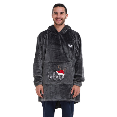 Snuggs Blanket Hoodie Dark Grey Christmas Ho Ho Ho Pocket